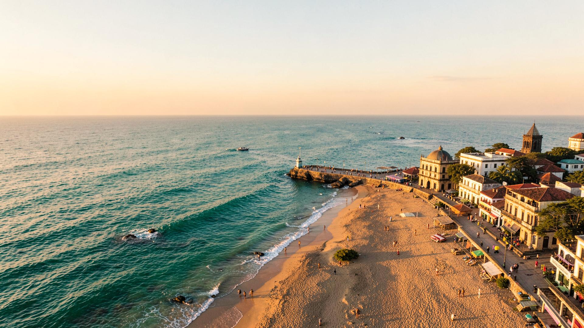 Sunset over the Pondicherry seafront and French colonial promenade